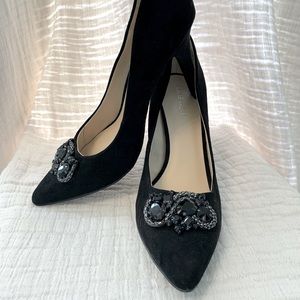 Nine West Black Suede Jeweled Pumps, 8.5